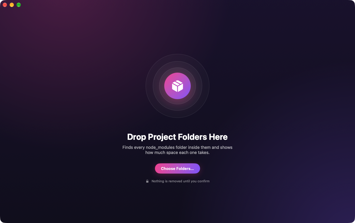 The welcome screen with the prompt “Drop Project Folders Here” and a Choose Folders button.