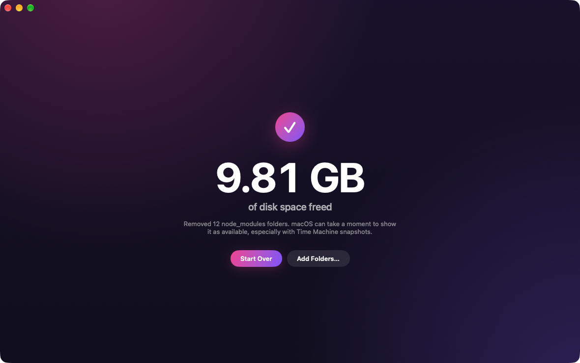 The finished screen showing 9.81 GB of disk space freed after removing 12 node_modules folders.